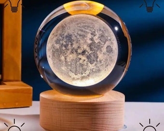 3D Moon Crystal Ball Starry Night Snowglobe Laser Engraved Table Lamp USB Bedside Lamp Wooden Base Crystal Ball Planet Decoration Room Decor