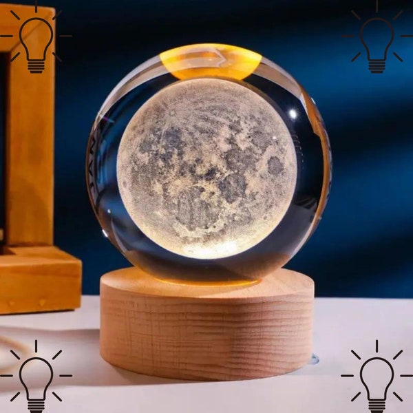 Lune boule de cristal 3D nuit étoilée boule de neige gravée au laser lampe de table USB lampe de chevet base en bois boule de cristal planète décoration décoration de chambre