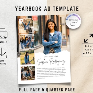 Może przedstawiać: Szablon ogłoszenia do rocznika ze zdjęciami, przedstawiający młodą kobietę w dżinsowej kurtce. Projekt zawiera tekst "YEARBOOK AD TEMPLATE", "CLASS OF 20XX" i "Sophia Rodriguez". Dostępne rozmiary to 21,6 x 27,9 cm, 19,1 x 25,4 cm i 10,8 x 14 cm.