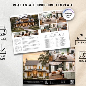 Op de afbeelding: Een vastgoed brochure sjabloon met de tekst "REAL ESTATE BROCHURE TEMPLATE". De brochure bevat afbeeldingen van huizen en interieurontwerp. De brochure is 21,6 x 27,9 cm groot en is gemarkeerd als printbaar, bewerkbaar en direct te downloaden.