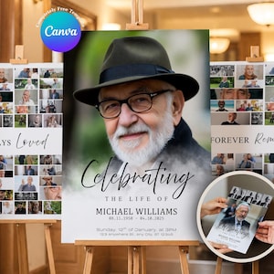 May include: A memorial poster on an easel displays a portrait of a man in glasses and a hat. The poster includes the text "Celebrating The Life Of Michael Williams" with dates and a service time and location. Smaller photos surround the portrait.
