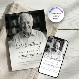 May include: A black and white memorial card and a smartphone displaying the same image. The card and phone show a smiling man with the text "Celebrating The Life of Michael Williams" and dates. A white circle with text is in the upper right.