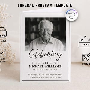 Redigerbar minimalistisk begravningsprogrammall Canva | Livets hyllning, minnesgudstjänst, dödsannonsprogram, gudstjänstordning
