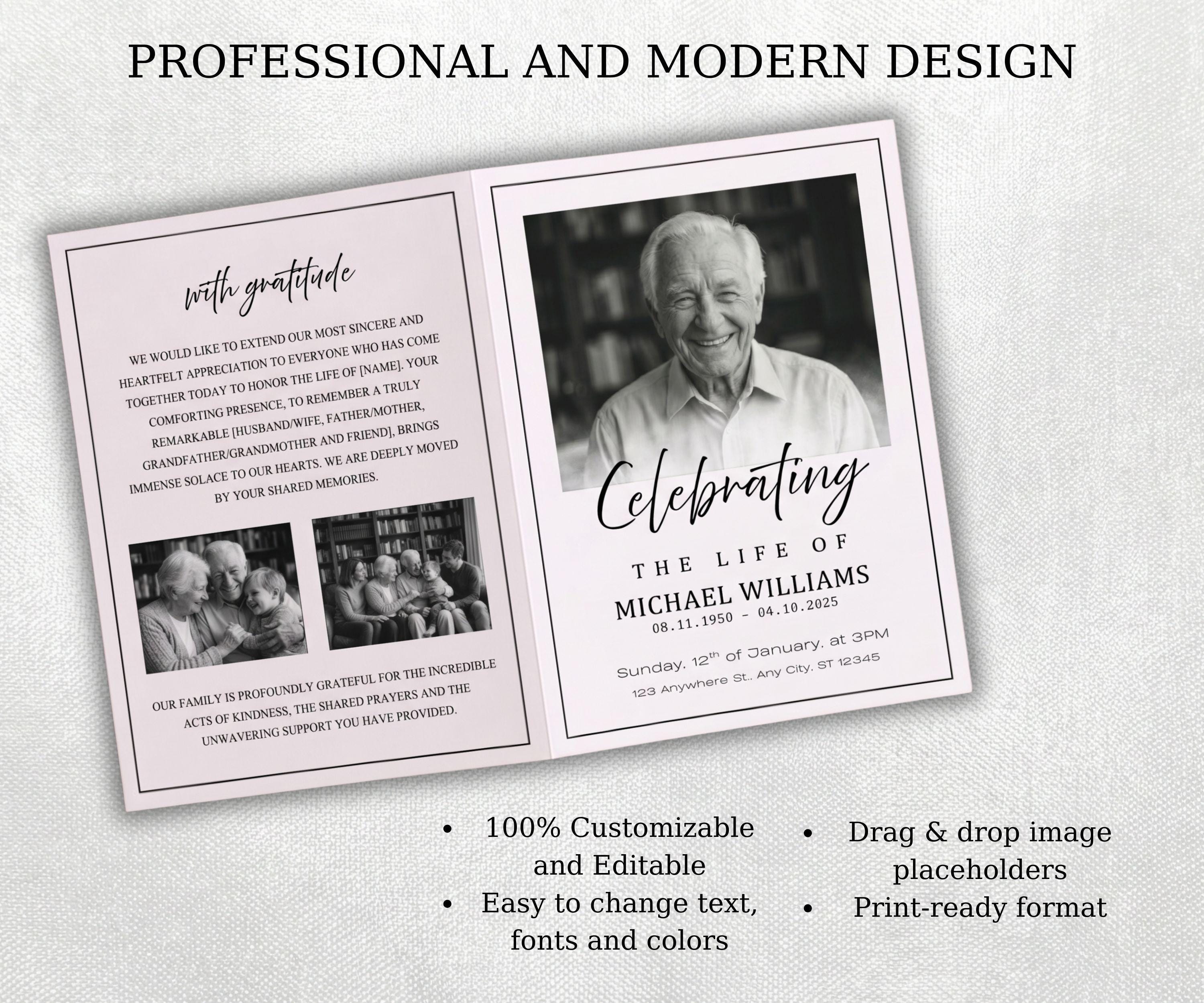 Editable Minimalist Funeral Program Template Canva | Celebration of ...