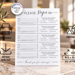 Könnte beinhalten: Ein weißes Anmeldeformular für Immobilienbesichtigungen im Format 21,59 x 27,94 cm. Das Dokument enthält schwarzen Text mit Feldern für Name, Telefon, E-Mail, Maklerstatus und Ankreuzfeldern für Immobilienbedürfnisse sowie einen Dankestext.
