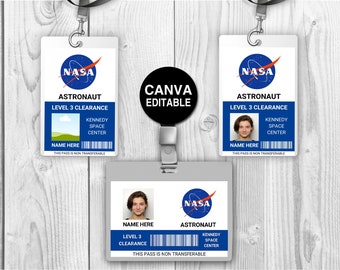 NASA Astronaut ID Badge template , Name Badge, Space Astronaut Prop for Cosplay Costume, Custom ticket, printable Outer Space Party Favors