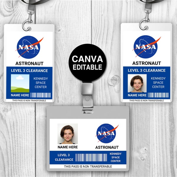 NASA Astronaut ID Badge template , Name Badge, Space Astronaut Prop for Cosplay Costume, Custom ticket, printable Outer Space Party Favors