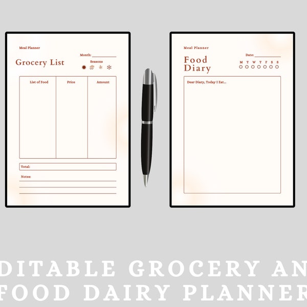 Editable Food Dairy And Grocery List Planner, Printable Meal Planner, Digital Grocery List, Weekly And Daily Meal Planner, Instant Download.