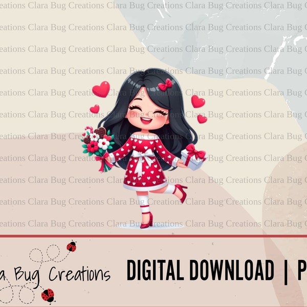 Valentine’s Day, Valentine’s Day Woman, Black Haired Woman | DIGITAL DOWNLOAD | Hi-Res PNG | Sublimation | Waterslide