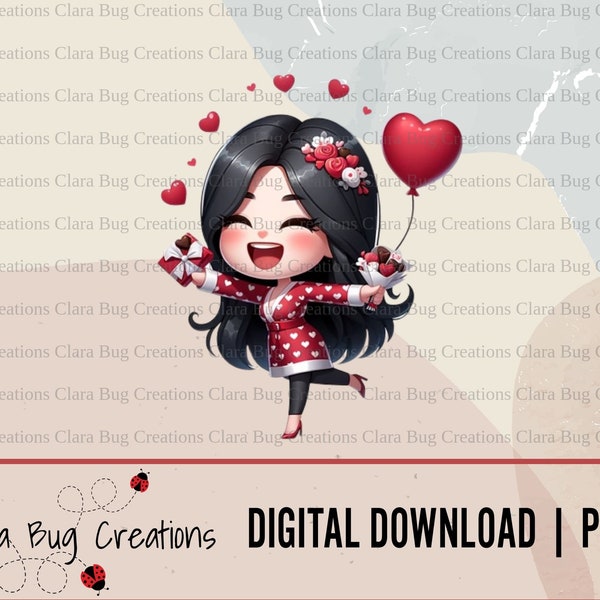 Valentine’s Day, Valentine’s Day Woman, Black Haired Woman | DIGITAL DOWNLOAD | Hi-Res PNG | Sublimation | Waterslide