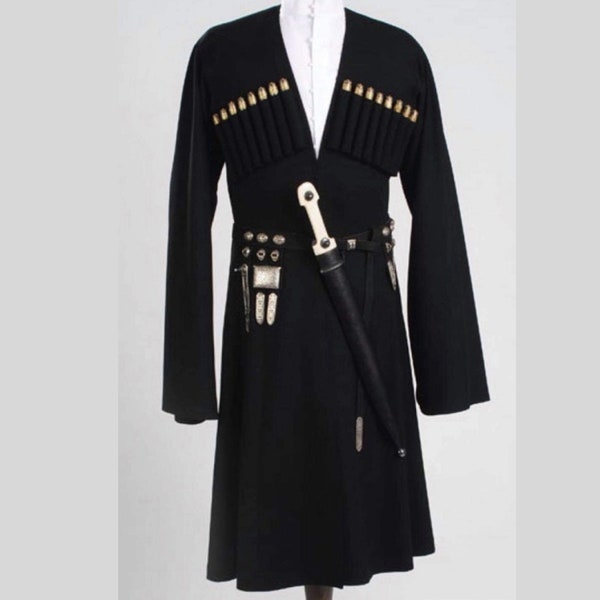 Black National Costume Georgian Chokha, Cherkeska Dance Wool Frock Coat Sale Expedited Shipping Worldwide Accessories Not Included in price.