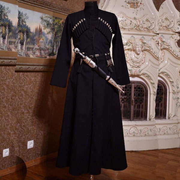 Men Black National Costume Georgian Chokha, Cherkeska,Dance Wool Frock Coat Expedited Shipping Worldwide Accessories Not Included in price