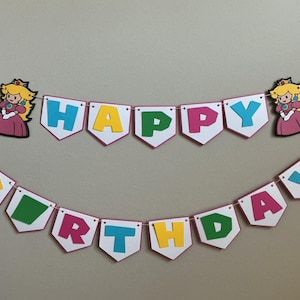 Princess Peach Happy Birthday Banner – Peach Theme Party Decorations, Mario Princess Party Garland, Girl Gamer Birthday Decor