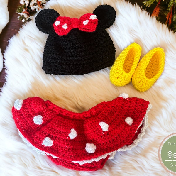 Hand-crocheted Minnie Mouse Set, Costume, Baby Hat Diaper Cover, Nappy Cover, Photo Prop, Disney, Newborn - 6 Months, Completed Item