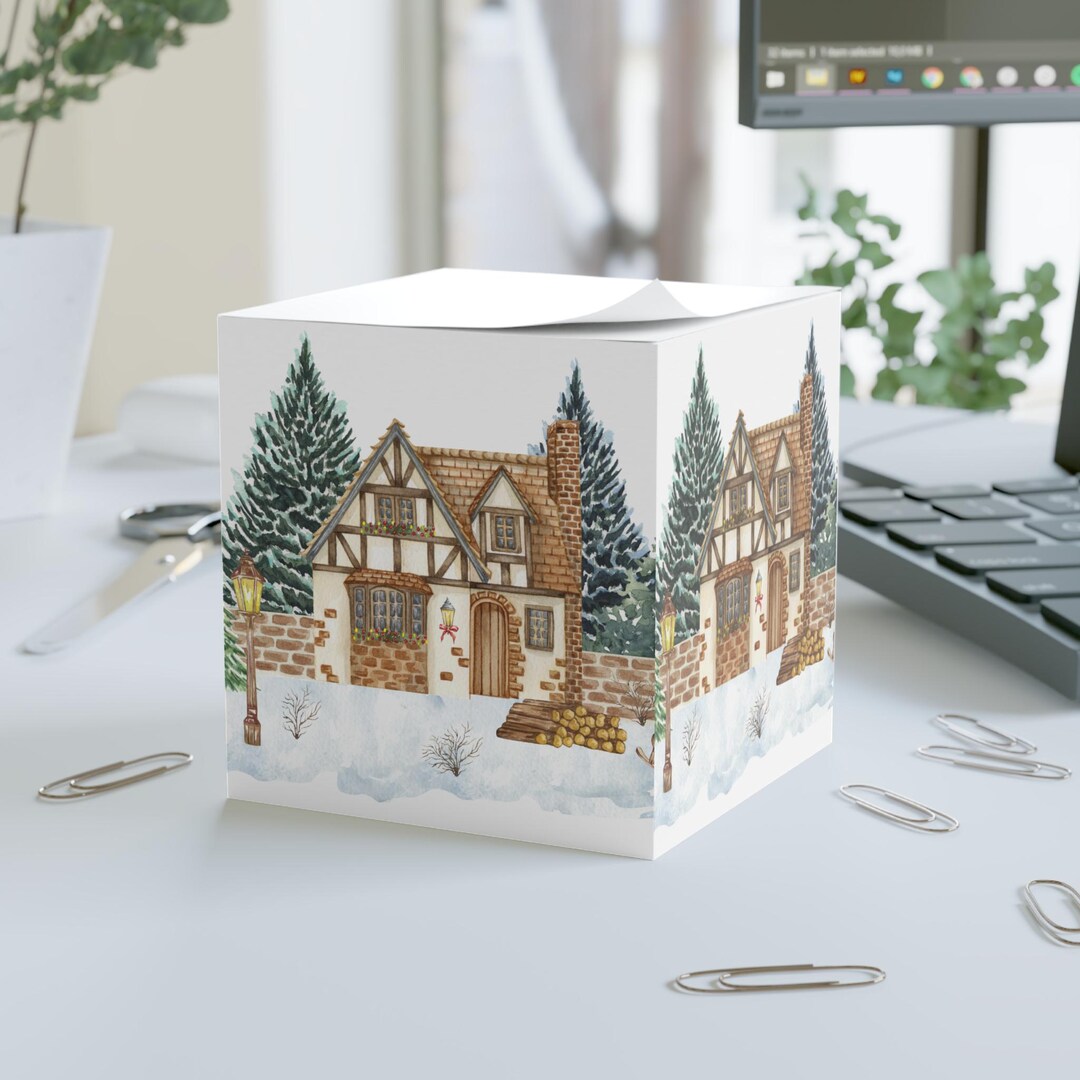 Cozy Tudor Cottage Note Cube | Winter Snow Scene Sticky Note Block - Etsy