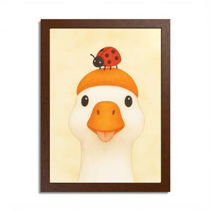 Whimsical Framed Poster, Funny Animal Art, Cute Home Decor, Goose with Ladybug, Gift for Kids, Nursery Wall Art