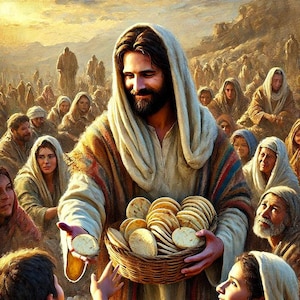 Puede incluir: Una pintura que representa a un hombre con una túnica blanca y una capa a rayas marrones y rojas, distribuyendo panes a una multitud de personas. El hombre tiene barba y mira hacia abajo a la gente. La gente está mirando al hombre con expresiones esperanzadoras. La pintura está ambientada en un fondo de cielo nublado y un paisaje rocoso.