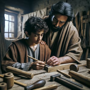 Op de afbeelding: Een vader en zoon werken samen in een werkplaats. De zoon gebruikt een beitel om een stuk hout te snijden, terwijl de vader toekijkt en hem begeleidt. Verschillende houtbewerkingsgereedschappen liggen verspreid op de houten tafel, waaronder beitels, hamers en houten blokken.