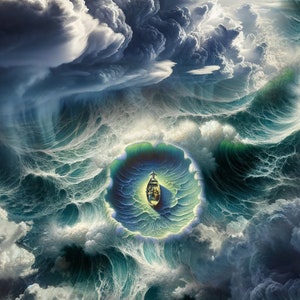 Peut inclure: Une peinture représentant un navire naviguant sur une mer tourbillonnante et orageuse. La mer est d'un bleu-vert profond et les nuages sont sombres et orageux. Le navire est petit et semble naviguer dans un vortex de vagues.