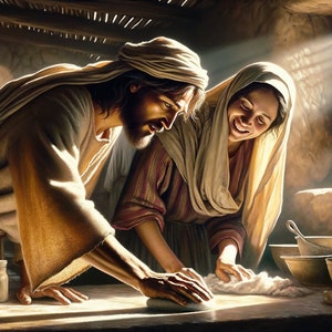 Christian Art: "Cleaning with Imma." Printable download painting of Jesus cleaning with his mother, Mary. 10500 × 6000