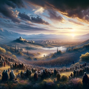 Op de afbeelding: Een digitaal schilderij toont een grote menigte verzameld in een vallei, gericht op een figuur in de verte. Bergen en een dramatische lucht met een ondergaande zon omlijsten de scène. Een stad en kasteel zijn zichtbaar op de achtergrond.