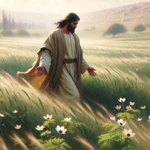 Christian Art: "Lilies of the Field." Printable download art of Jesus Christ walking through a field of wild lilies. 10500  ×  6000