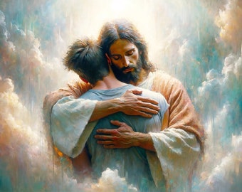 Christian Art: &quot;Welcome Home, Son.&quot; Printable, Digital art of a man hugging Jesus after he died. 10500 x 6000 px,