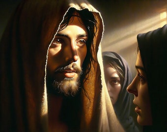 Christian Art: "Mary Hath Chosen That Good Part." Printable, digital of Mary and Martha listening to Jesus teach. 10500 × 6000 px