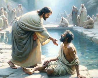 Christian Art: "Healer of Bethesda." Downloadable Christian Art of Jesus Christ healing the lame man at the pool of Bethesda. 8192 X 8192 px