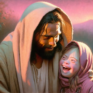 Könnte beinhalten: Ein Gemälde von Jesus mit einem jungen Mädchen mit Down-Syndrom. Jesus trägt eine beige Robe und einen Bart. Das Mädchen trägt ein rosa Kopftuch und lächelt. Der Hintergrund ist in sanften Rosa- und Lilatönen gehalten.