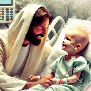 Christian Art: &quot;The Greatest Physician,&quot; Printable download painting of Jesus cheering a child with cancer. 10500x6000 px.