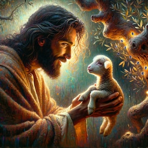 May include: A painting depicting Jesus holding a white lamb in his arms. The lamb is gazing up at Jesus, who is looking down at the lamb with a kind expression. The background is a soft, blurred green and blue.