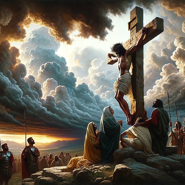 Christian Art: "Crucifixion." Printable download art of Jesus on the cross. 10500  ×  6000 px