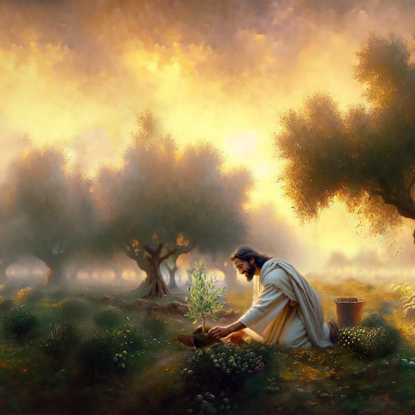 Christian Art: "Planting Olive Trees." A printable, digital download of a painting of Jesus planting olive trees. 9799 × 6200 px