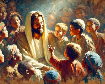 Christian Art: &quot;Jesus and the Children&quot;. Printable download art of Jesus blessing the children. 10500x6000 px