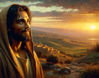 Art chrétien : « Ville bien-aimée ». Téléchargement imprimable de l'art de Jésus regardant Jérusalem au coucher du soleil.