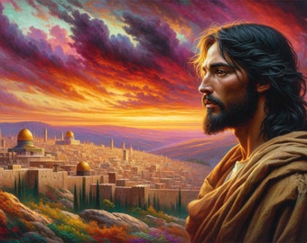 Art chrétien : « Jésus surplombant Jérusalem ». Téléchargement imprimable de l'art de Jésus regardant Jérusalem au coucher du soleil.