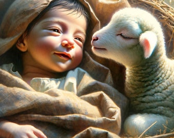 Christian Art: &quot;The Lamb of the Lamb of God.&quot; Printable, downloadable painting of the birth of Jesus Christ. 3072X3072 px