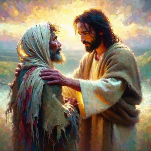 May include: An oil painting depicts two figures in a landscape. One figure, with a beard and draped in tattered cloth, is embraced by another figure in a robe. The scene is bathed in warm light, suggesting a spiritual or biblical theme.