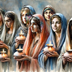 May include: A watercolor painting of ten women in traditional clothing, each holding a clay oil lamp with a lit flame. The women are standing in a row, and their faces are illuminated by the light of the lamps. The painting is set against a soft, muted background.