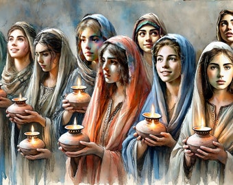 Downloadable Christian Art: "Ten Virgins." Printable art of the ten virgins parable. 10500x6000 px.