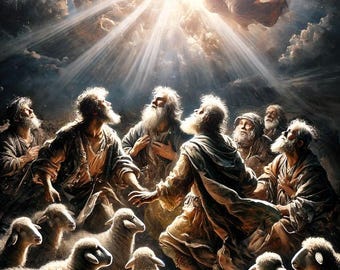 Christian Art: &quot;Shepherds in the Fields.&quot; Christmas Art of the angel announcing to the shepherds the birth of Jesus Christ, 6000 x 10500 px