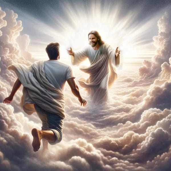 Arte cristiana: "Home at Last—Man". Arte digitale stampabile di un uomo che corre tra le braccia di Gesù dopo la sua morte. 10000 X 8000 px
