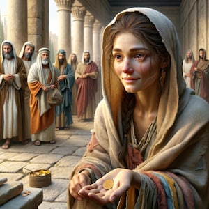 May include: A woman wearing a brown hooded robe holds out her hand with a gold coin in it. She is looking down at the coin with a smile on her face. There are several men in the background wearing robes.