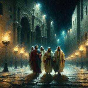 May include: A group of four figures in long robes walk down a dimly lit street at night. The street is lined with stone buildings and lit by torches. The figures are walking in a single file line, with the figure in the lead wearing a red robe. The other figures are wearing white robes.