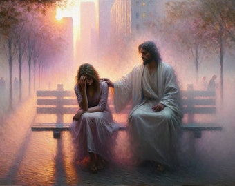 May include: A painting of a man in a white robe comforting a woman sitting on a bench in a foggy city street. The woman is wearing a white dress and has her head in her hands. The man is placing his hand on her shoulder. The scene is bathed in soft, warm light.