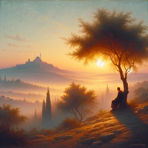 Könnte beinhalten: Ein Gemälde, das eine einsame Gestalt zeigt, die unter einem Baum sitzt und auf ein nebliges Tal mit einer Stadt in der Ferne blickt. Die Sonne geht unter und taucht die Landschaft in ein warmes Licht.