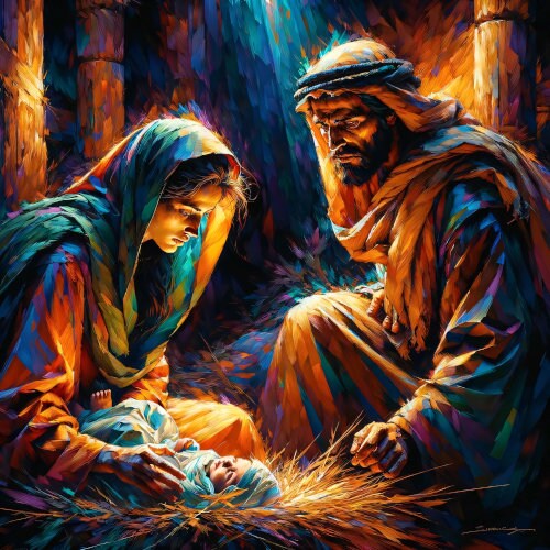 Christian Art: "Nativity." Christmas Wall Art of the Birth of Jesus Christ, with Mary and Joseph.