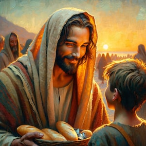 Christian Art: "What Are They Among So Many?" Printable download art. A boy gives his food to Jesus to share with all. 4096X4096 at 300 DPI