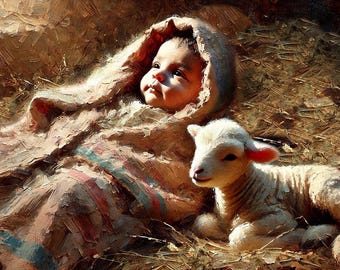 Christian Art: &quot;The Lamb&#39;s Lamb.&quot; Printable, downloadable painting of the birth of Jesus Christ. 10500x6000 px